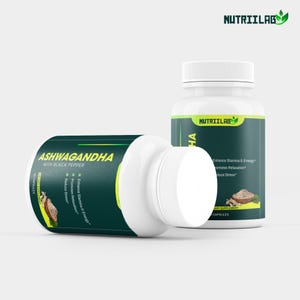 May include: Two white supplement bottles with green and black labels. The labels read "ASHWAGANDHA WITH BLACK PEPPER" and "NUTRIILAB". The bottles are filled with capsules and are designed to enhance stamina and energy, promote relaxation, and reduce stress.