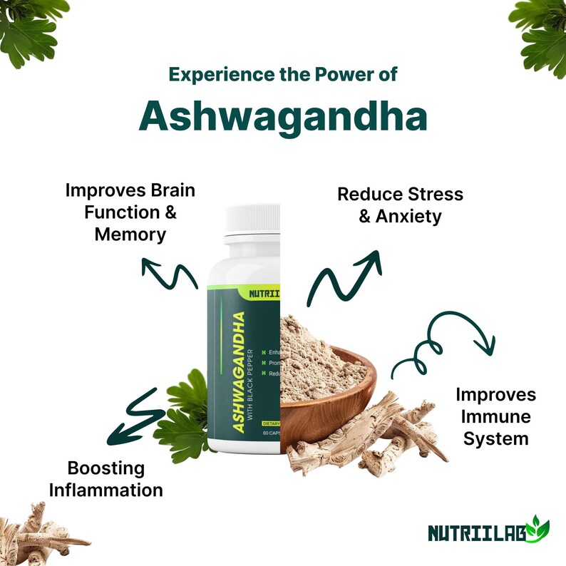 May include: A white bottle of Ashwagandha capsules with a green label, alongside a wooden bowl of powder and pieces of the root. Text highlights benefits: Improves Brain Function & Memory, Reduces Stress & Anxiety, Improves Immune System.