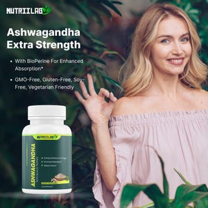 May include: A bottle of Nutriilab Ashwagandha Extra Strength capsules. The label includes text about enhanced stamina, relaxation, and reduced stress. The bottle is white with a green and black label. The image also includes the text "GMO-Free, Gluten-Free, Soy-Free, Vegetarian Friendly."