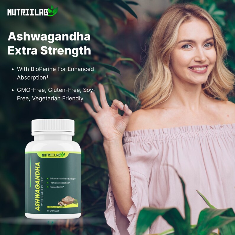 May include: A bottle of Nutriilab Ashwagandha Extra Strength capsules. The label includes text about enhanced stamina, relaxation, and reduced stress. The bottle is white with a green and black label. The image also includes the text "GMO-Free, Gluten-Free, Soy-Free, Vegetarian Friendly."