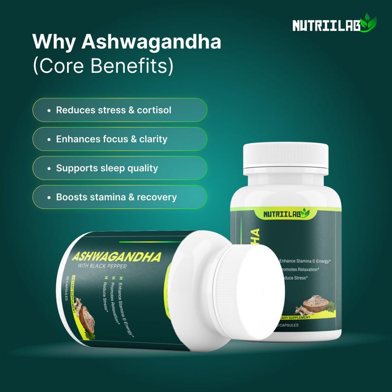 May include: Two white supplement bottles of Ashwagandha with black pepper. The bottles are labeled with the brand name Nutriilab. The image also includes text that says "Reduces stress & cortisol", "Enhances focus & clarity", "Supports sleep quality", and "Boosts stamina & recovery".