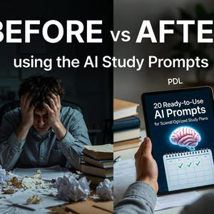 Può includere: Immagine che confronta una persona stressata con una scrivania disordinata e una persona che usa un tablet. Il tablet mostra "20 Ready-to-Use AI Prompts" per piani di studio, con un'immagine del cervello.