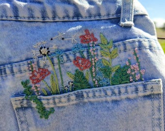 Floral Embroidered Denim Shorts | Cottagecore Pocket Detail | Handmade Botanical Clothing For Her