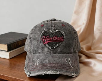 Women's Distressed Denim Baseball Cap,Retro Streetwear Hat,3D Heart Embroidery