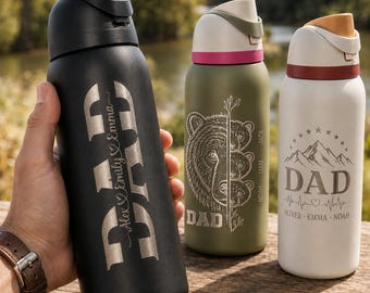 Botella de agua personalizada con el nombre de papá e hijos – El mejor regalo para papá de Par Gift, regalos grabados para él, botella con nombres de niños