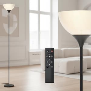 May include: A modern floor lamp with a black metal pole and a white, bowl-shaped lampshade. The lamp includes a remote control for adjusting settings. The lamp is designed for indoor use and provides ambient lighting.