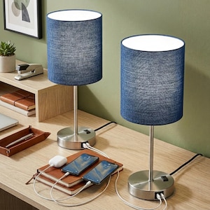 Set of 2 Touch Table Lamps, Modern Bedside Nightstand Lighting with USB Ports