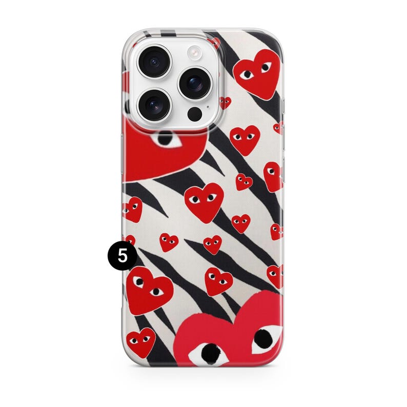 Hjärtliknande telefonskal Comme Des Garçons för iPhone 17 Pro Max, 16e, 15, 14, 13 och Samsung S26 Ultra, S25 FE, A57, A56, Pixel 10, 9A 5