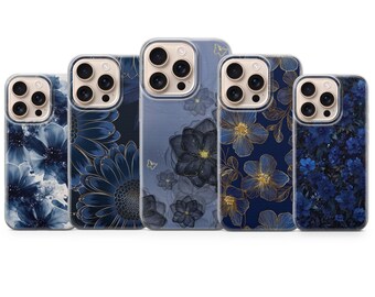 Navy Blue Phone Cover Floral Aesthetic Phone Case for iPhone 17 Pro Max, 16e, 15, 14, 13 & Samsung S26 Ultra,S25 FE, A57,A56, Pixel 10, 9A