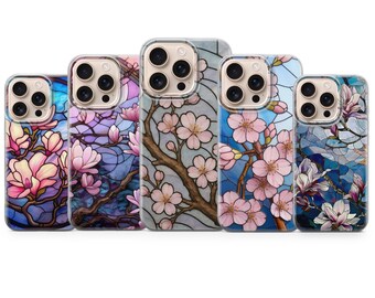 Stained Glass Phone Cover Sakura Blossom Phone Case for iPhone 17 Pro Max, 16e, 15, 14, 13 & Samsung S26 Ultra,S25 FE, A57,A56, Pixel 10, 9A