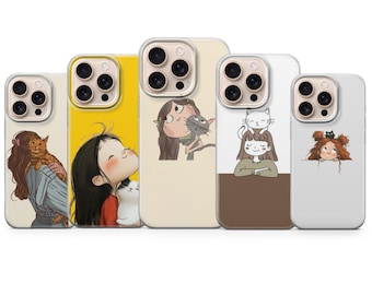 Artistic Girl Cat Phone Cover Kawaii Phone Case for iPhone 17 Pro Max, 16e, 15, 14, 13 & Samsung S26 Ultra,S25 FE, A57,A56, Pixel 10, 9A