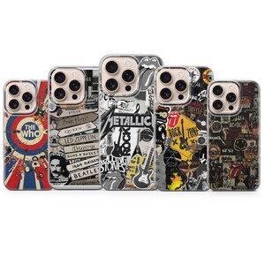 Peut inclure: Plusieurs coques de téléphone avec des logos et des pochettes d'albums de groupes de rock. Les designs incluent The Who, Pink Floyd, et Metallica. Les coques sont transparentes avec une coque rigide et des graphismes colorés.
