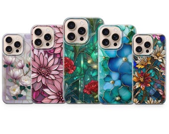 Flowers Phone Cover Stained Glass Phone Case for iPhone 17 Pro Max, 16e, 15, 14, 13 & Samsung S26 Ultra,S25 FE, A57,A56, Pixel 10, 9A