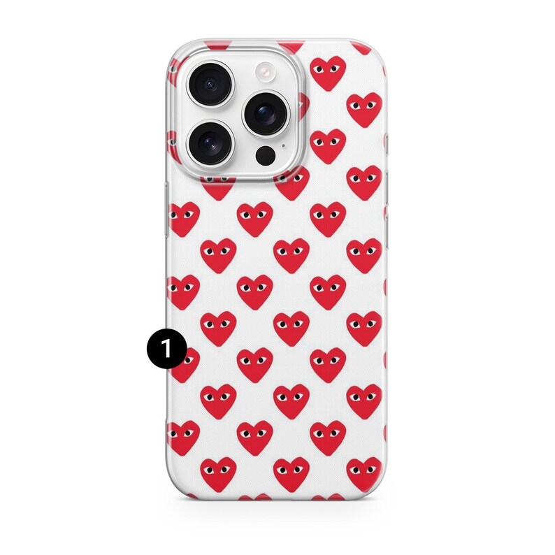 Hjärtliknande telefonskal Comme Des Garçons för iPhone 17 Pro Max, 16e, 15, 14, 13 och Samsung S26 Ultra, S25 FE, A57, A56, Pixel 10, 9A 1