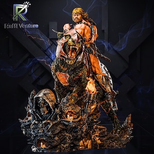 May include: A detailed statue of a muscular warrior riding a large, armored beast with an open mouth. The statue has a dark color palette with accents of orange and gold. A skull-like figure is at the base, and the Raffi Venture logo is in the top left.