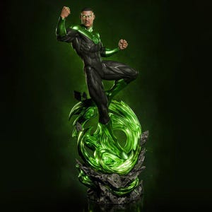 May include: A detailed statue of the Green Lantern in a dynamic pose. The figure is clad in a black and green suit, with glowing green eyes and a power ring. The base features a swirling green energy effect, set against a dark green background.