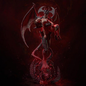 May include: A dark, dramatic sculpture of a winged demon figure holding a person. The figures are rendered in shades of red and black, with intricate details. The sculpture has a gothic, fantasy theme.