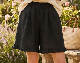 Black Ruffle Hem Shorts • High Waisted Summer Lounge Bloomer