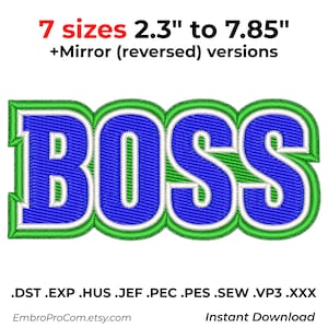 BOSS刺繍デザイン — 大胆なパッチスタイルの文字 — 7サイズ — Pes Dst Exp Jef Vp3