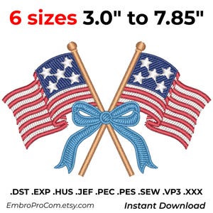 Crossed American Flags Bow Embroidery Design, Patriotic USA Machine File (Digital Download)