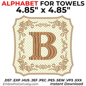 Peut inclure: Un motif de broderie présentant la lettre B dans une police serif marron, centrée dans un cadre carré à motif treillis doré avec des ornements. Le texte ALPHABET FOR TOWELS 12,32 cm x 12,32 cm apparaît au-dessus du motif.