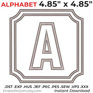 May include: An embroidery design featuring the capital letter A centred within a square frame with rounded corners. The design includes the text ALPHABET 4.85" x 4.85" at the top and file formats .DST .EXP .HUS .JEF .PEC .PES .SEW .VP3 .XXX at the bottom.
