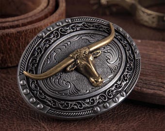 Gesp, western-cowboy brons/grijze stierenkop gesp, vintage heren gespen, Gfits