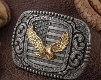 Belt Buckle, Vintage Silver Eagle Belt Buckle, Cowboy Belt Buckle with American Flag, Father's Day Gift