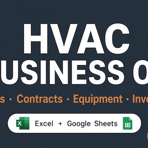 May include: Dark blue graphic with the text "HVAC BUSINESS OS" in white. Below, orange text lists "Jobs, Contracts, Equipment, Invoices." Includes Excel and Google Sheets icons.