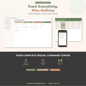 May include: Digital workspace graphic with the text "Track Everything, Miss Nothing." The image includes a computer screen, a spreadsheet, and a smartphone, all displaying organizational tools. The graphic also highlights "3 Tracking Databases," "5 Pre-Built SOPs," and a "14 Day Action Plan."