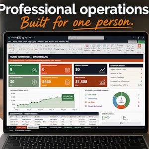 Puede incluir: Una pantalla de portátil que muestra un panel de control Home Tutor OS con tablas de datos, gráficos y métricas. El texto Professional operations. Built for one person. aparece arriba. La interfaz muestra estadísticas de estudiantes e ingresos.