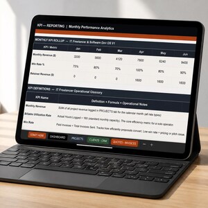 Może przedstawiać: Tablet z etui z klawiaturą wyświetlający arkusz kalkulacyjny zatytułowany KPI -- REPORTING | Monthly Performance Analytics. Ekran pokazuje miesięczną tabelę podsumowującą KPI dla IT Freelancer & Software Dev OS V1, w tym przychody, wskaźnik wygranych, dane o retencji, glosariusz oraz przyciski nawigacyjne.