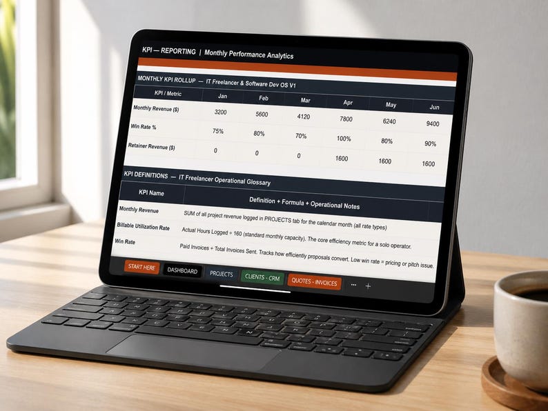 Pu&ograve; includere: Un tablet con cover tastiera che mostra un foglio di calcolo intitolato KPI -- REPORTING | Monthly Performance Analytics. Lo schermo visualizza una tabella di riepilogo mensile dei KPI per IT Freelancer & Software Dev OS V1, inclusi ricavi, tasso di successo, dati di ritenuta, un glossario e pulsanti di navigazione.