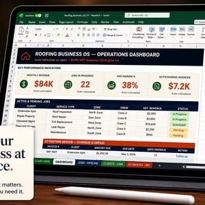 May include: A tablet displaying a business operations dashboard with key performance indicators, including monthly revenue of $84K. The screen shows active and pending jobs, with a white stylus and a card that reads "See your business at a glance."
