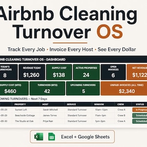 May include: A digital dashboard titled "Airbnb Cleaning Turnover OS" displays financial and operational data. Key metrics include revenue, supply costs, and upcoming turnovers. The dashboard also lists upcoming turnovers with dates, properties, and statuses.