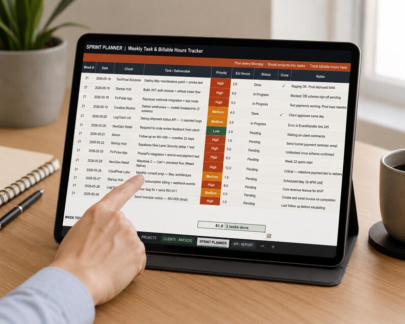 Pu&ograve; includere: Un tablet che mostra un foglio di calcolo digitale Sprint Planner e Weekly Task & Billable Hours Tracker. L'interfaccia presenta colonne per settimana, data, cliente, attivit&agrave;, priorit&agrave;, ore stimate, stato e note, con celle di priorit&agrave; codificate a colori.
