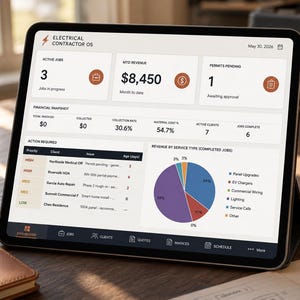May include: A tablet displaying the Electrical Contractor OS dashboard, featuring metrics like active jobs, MTD revenue of $8,450, and pending permits. The screen shows a financial snapshot, an action required list, and a pie chart for revenue by service type.