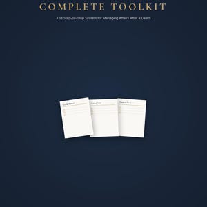 May include: A navy blue graphic with the text "EXECUTOR'S COMPLETE TOOLKIT" and "The Step-by-Step System for Managing Affairs After a Death." Three white notepads are below the text. The bottom of the graphic reads "40+ PAGES • FILLABLE PDF • GOOGLE SHEETS • 8 BONUSES."