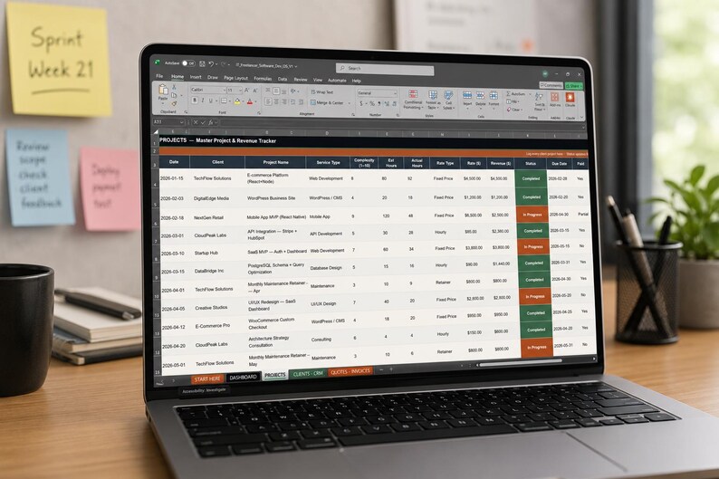 Pu&ograve; includere: Un computer portatile color argento che mostra un foglio di calcolo intitolato Projects - Master Project & Revenue Tracker. Lo schermo visualizza colonne per data, cliente, nome del progetto, tipo di servizio, complessit&agrave; e ricavi.