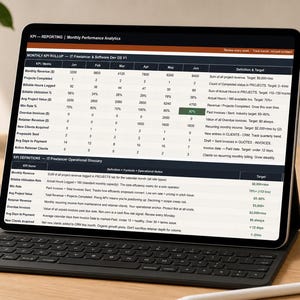 Pu&ograve; includere: Un tablet che mostra una dashboard di analisi delle prestazioni mensili con una tabella di riepilogo dei KPI. Lo schermo presenta colonne per i mesi da gennaio a giugno, elencando metriche come entrate, progetti completati e ore fatturabili.