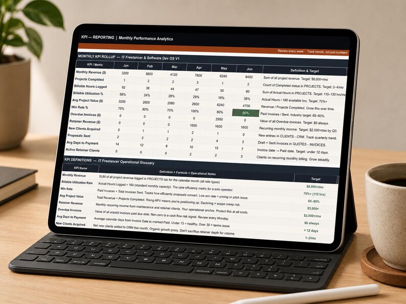 Pu&ograve; includere: Un tablet che mostra una dashboard di analisi delle prestazioni mensili con una tabella di riepilogo dei KPI. Lo schermo presenta colonne per i mesi da gennaio a giugno, elencando metriche come entrate, progetti completati e ore fatturabili.