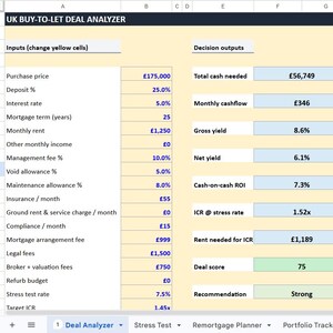 May include: A spreadsheet titled "UK BUY-TO-LET DEAL ANALYZER" with input fields for purchase price, deposit, interest rate, and other financial metrics. Decision outputs include cash flow, yield, and a deal score. The recommendation is "Strong."