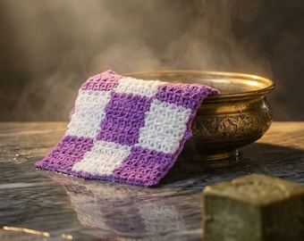 Guanto da bagno all'uncinetto - Guanto da spa fatto a mano per esfoliazione, spugna per il corpo a quadri viola, regalo di lusso per la cura di sé, panno morbido e dalla texture piacevole al tatto.