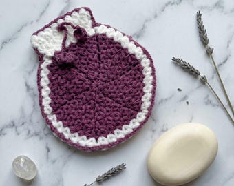 Virkad badvante, scrubby spa-tvätthandske för kroppspeeling, lila blommig tvättlapp med puffsöm, handgjord miljövänlig hudvårdsgåva