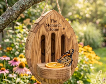Engraved Wooden Butterfly Shelter, Hanging Feeder Station, Custom Insect Habitat, Monarch Oasis, Backyard Decor, Gardener Gift, Monarch Gift