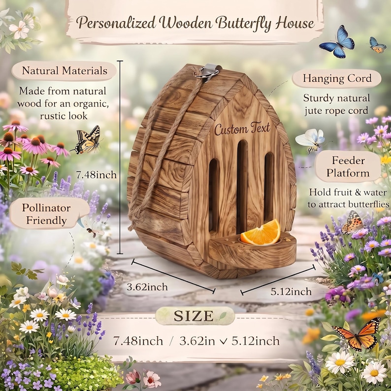 May include: A wooden butterfly house with a natural wood grain finish, featuring a hanging jute rope, a feeder platform with an orange slice, and vertical entry slots. The text reads Personalized Wooden Butterfly House, Custom Text, and Size 7.48in x 3.62in x 5.12in.