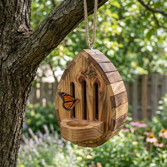 Wooden Butterfly House & Feeder Station Gift, Pollinator Habitat Garden Shelter House, Gift for Garden Lover, Garden Decorative Gift
