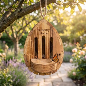 May include: A teardrop-shaped wooden butterfly house with a natural wood grain finish. The front features the engraved text "Butterfly Home," three vertical entry slits, a small circular landing platform, and a monarch butterfly perched on the edge.