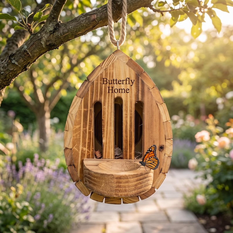 May include: A teardrop-shaped wooden butterfly house with a natural wood grain finish. The front features the engraved text "Butterfly Home," three vertical entry slits, a small circular landing platform, and a monarch butterfly perched on the edge.