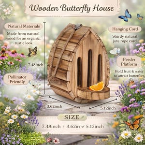 May include: A wooden butterfly house with a natural wood finish, featuring a jute rope hanging cord, three vertical entry slots, and a small feeder platform holding an orange slice. Dimensions are 7.48 inches by 3.62 inches by 5.12 inches.